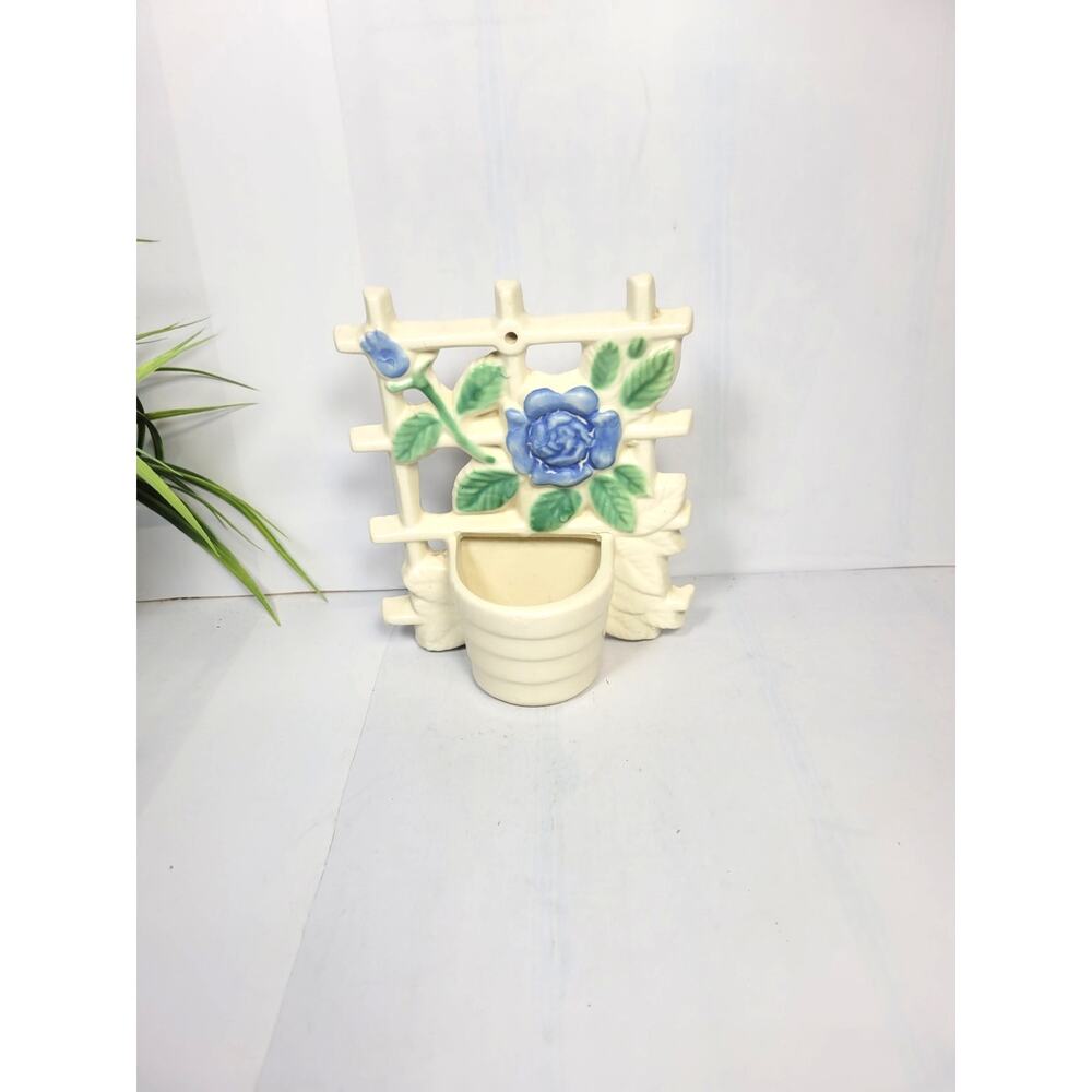 Vintage  Wall Pocket Planter, Blue Rose Flower White Trellis